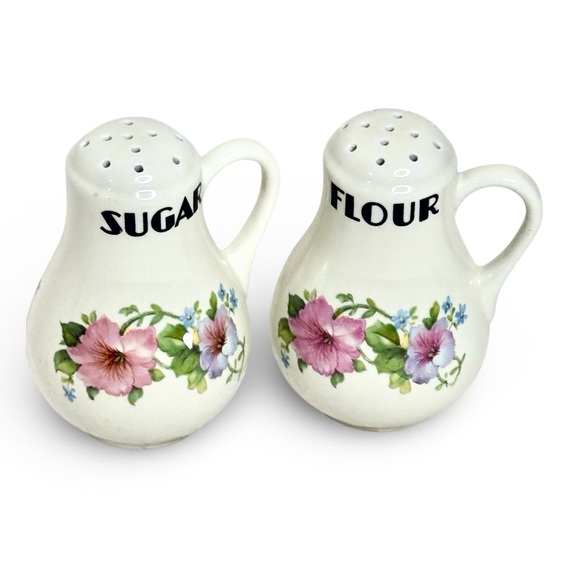 Vintage Hall China Morning Glory Sugar Flour Shakers Set Handles Floral Kitchen - Picture 8 of 8